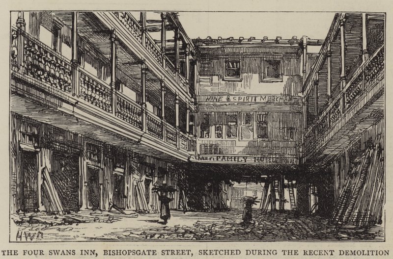 The Four Swans Inn, na Bishopsgate Street, esboçada durante a recente demolição de Henry William Brewer