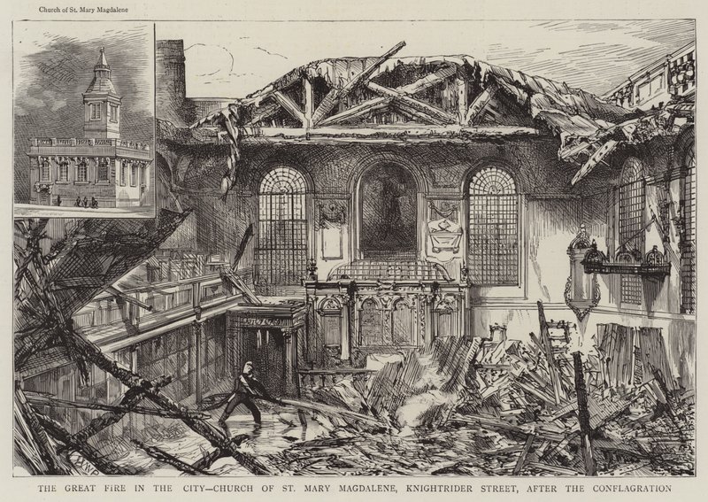 O Grande Incêndio na Cidade, Igreja de Santa Maria Madalena, Knightrider Street, após a Conflagração de Henry William Brewer