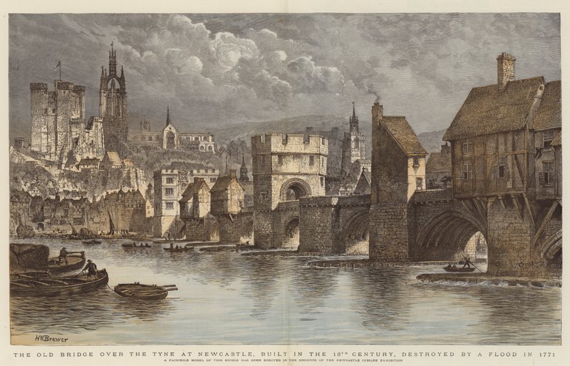 A ponte velha sobre o Tyne em Newcastle, construída no século XIII, destruída por um dilúvio em 1771 (gravura a cores) de Henry William Brewer