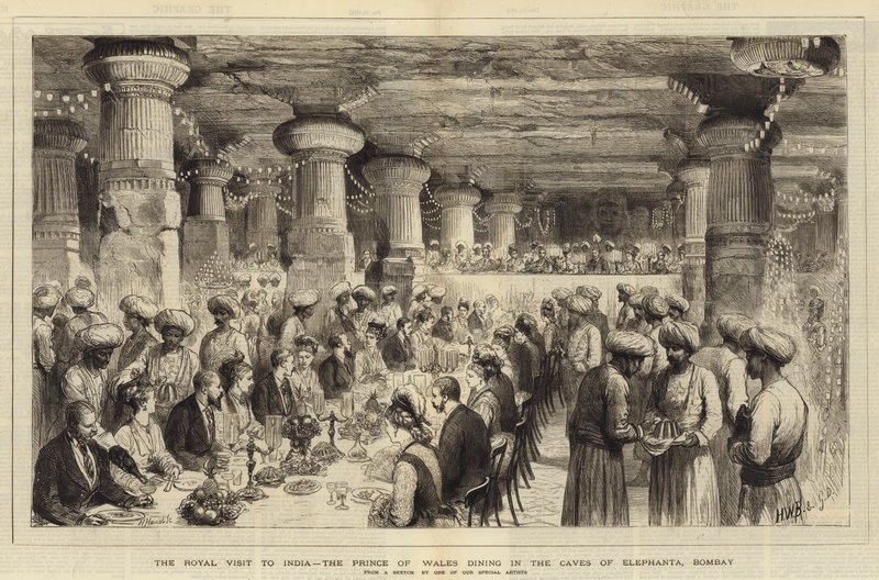 A Visita Real à Índia, o Príncipe de Gales jantando nas Cavernas de Elefanta, Bombaim de Henry William Brewer