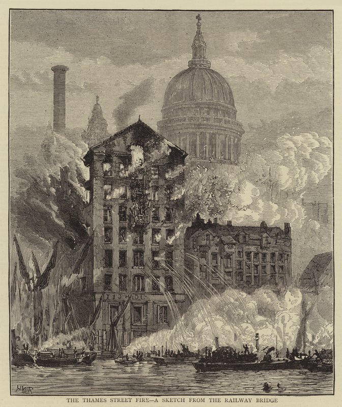 O Thames Street Fire, um esboço da ponte ferroviária de Henry William Brewer