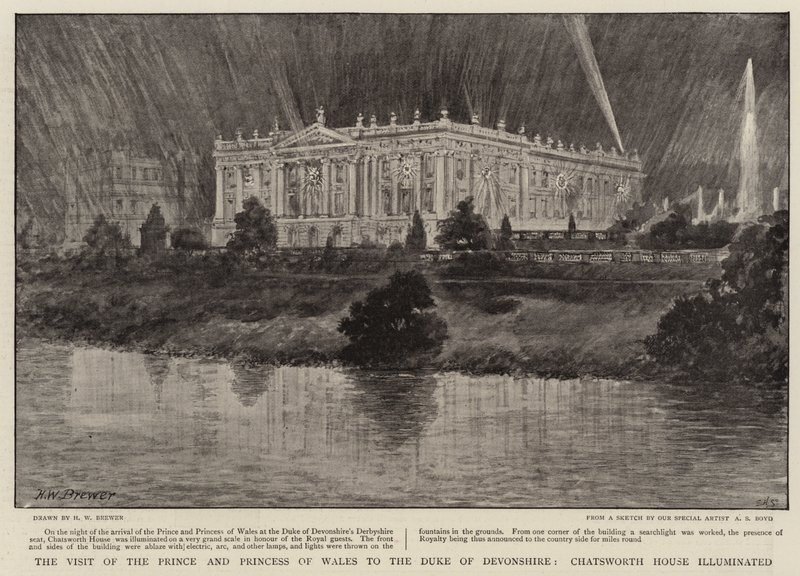A visita do Príncipe e Princesa de Gales ao Duque de Devonshire, Chatsworth House iluminado de Henry William Brewer