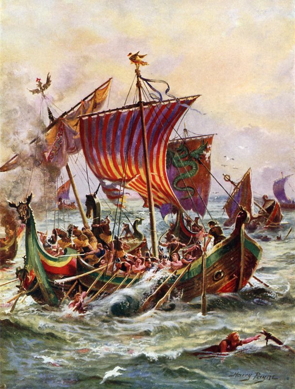 As Galés do Rei Alfred atacando as Naves Dragão Viking, 897 (cor litho) de Henry Payne