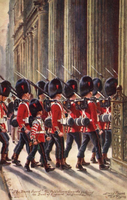 Guardas Coldstream entrando no Banco da Inglaterra para o serviço de guarda de Henry A. Payne