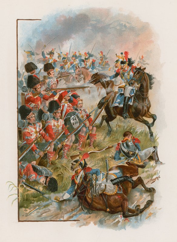 Praça dos 42 Highlanders carregados por couraçados franceses em Quatre Bras, 16 de junho de 1815 (chromolitho) de Henry A. Payne