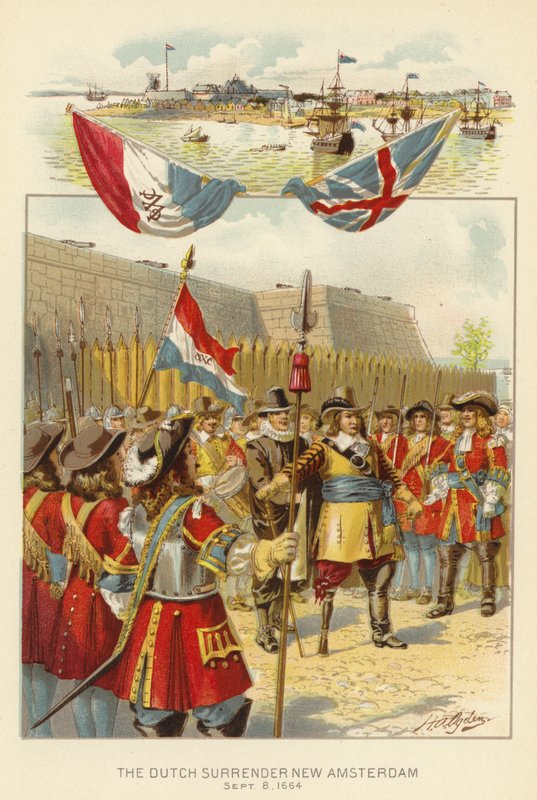 A rendição holandesa Nova Amesterdão, 8 de Setembro de 1664 (cor litho) de Henry Alexander (after) Ogden