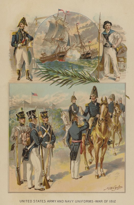 Uniformes do Exército e da Marinha dos Estados Unidos - Guerra de 1812 (chromolitho) de Henry Alexander (after) Ogden