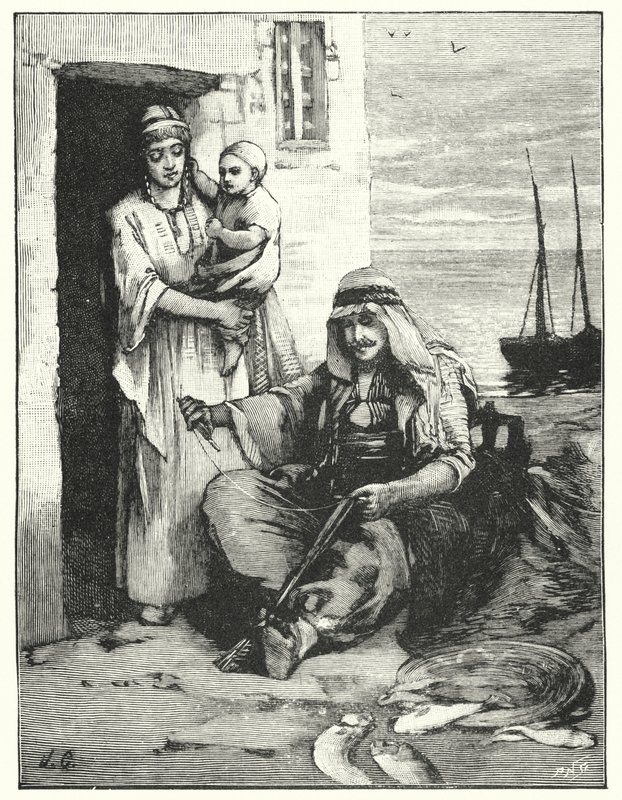 Um pescador remendando suas redes, Mar de Tiberíades (litho) de Henry Andrew Harper
