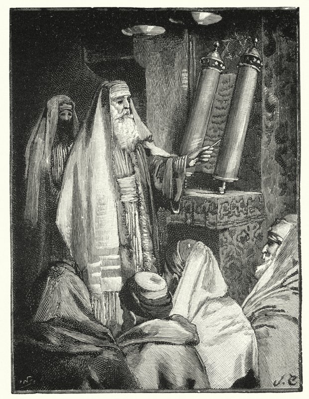 Um rabino lendo o pergaminho da lei (litho) de Henry Andrew Harper