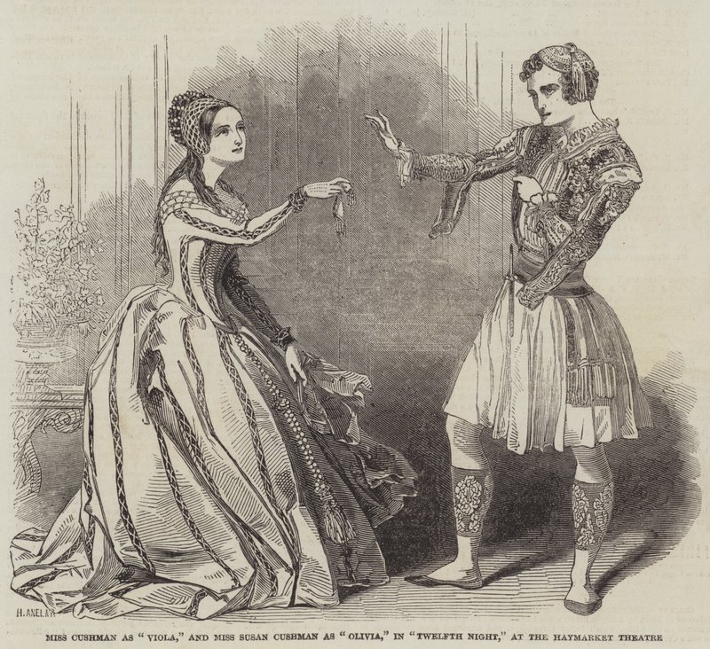Miss Cushman como Viola, e Miss Susan Cushman como Olivia, em Twelfth Night, no Haymarket Theatre de Henry Anelay
