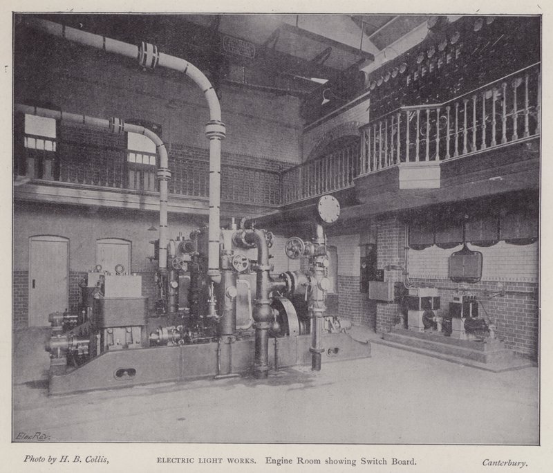 Casa das máquinas mostrando quadro de distribuição, Luz eléctrica, Canterbury, Kent (foto a p/b) de Henry Beauchamp Collis