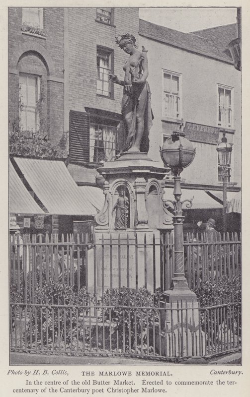 Memorial ao dramaturgo e poeta Christopher Marlowe, Buttermarket, Canterbury, Kent (foto a p/b) de Henry Beauchamp Collis