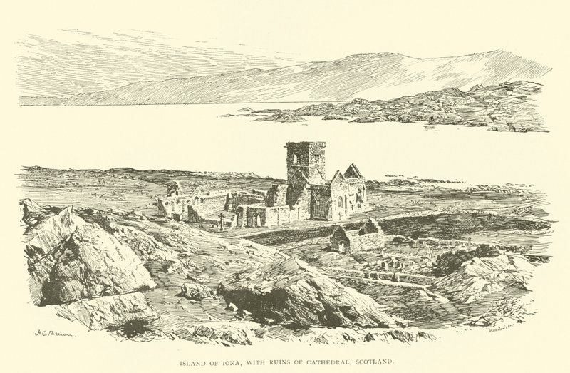 Ilha de Iona, com ruínas da Catedral, Escócia (gravura) de Henry Charles Brewer
