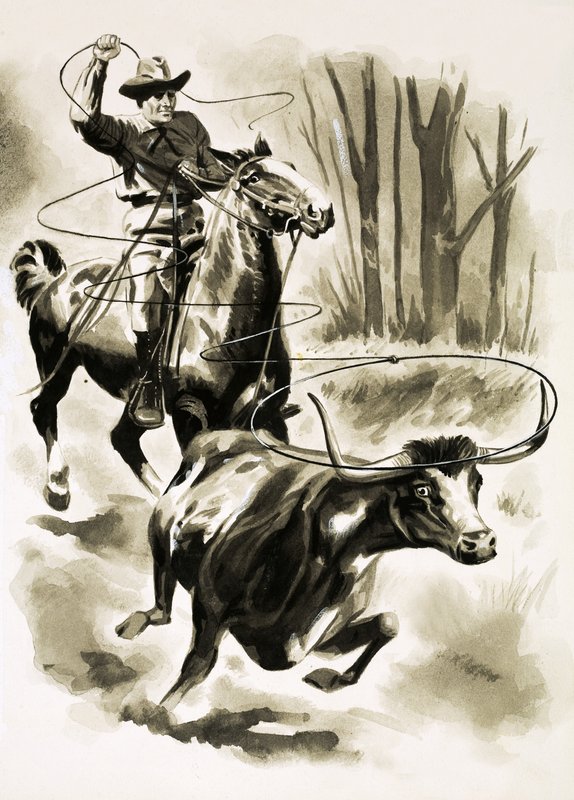 Um, vaqueiro, cordas, um, boi, de, horseback, com, um, laço de Henry Charles Fox