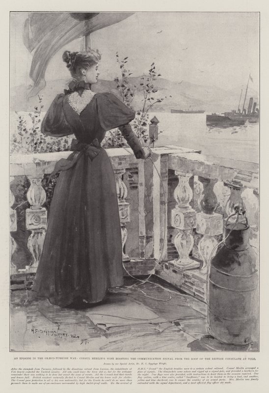 Episódio na Guerra Greco-Turca, Esposa do Cônsul Merlin içando o Sinal de Comunicação do Telhado do Consulado Britânico em Volo de Henry Charles Seppings Wright