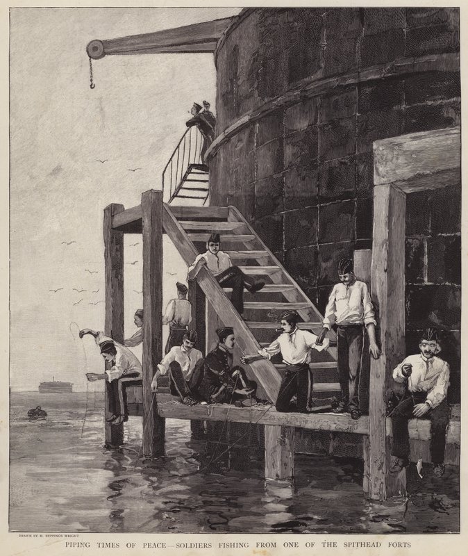 Soldados britânicos pescando de um dos fortes em Spithead, Hampshire (litho) de Henry Charles Seppings Wright