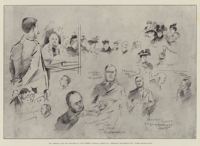 Dr. Jameson e seus oficiais em Bow Street, terça-feira, 10 de março, Sargento Drummond Hay sob Exame de Henry Charles Seppings Wright