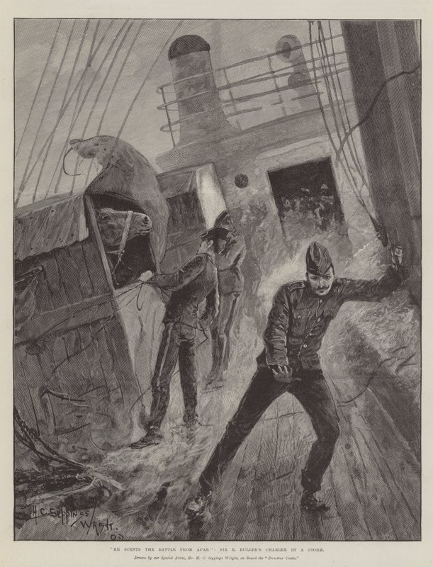 Ele perfuma a batalha de longe, Sir R Buller Charger in a Storm de Henry Charles Seppings Wright