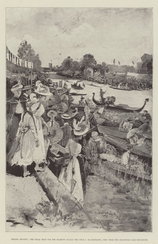Regata de Henley, o calor final para o diamante Sculls (Ten Eyck v Blackstaffe), visto do cerco do clube de Grosvenor de Henry Charles Seppings Wright