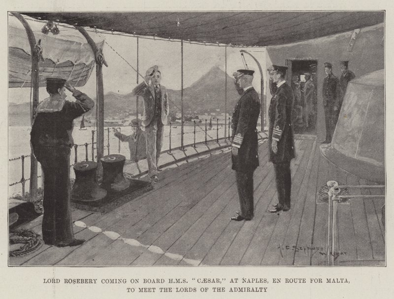 Lorde Rosebery subindo a bordo do HMS Caesar, em Nápoles, na Rota de Malta, para encontrar os Senhores do Almirantado de Henry Charles Seppings Wright