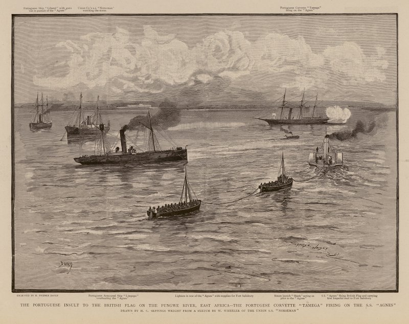 A corveta portuguesa Tamega a disparar contra o navio SS Agnes, no rio Pungwe, África Oriental (gravura) de Henry Charles Seppings Wright