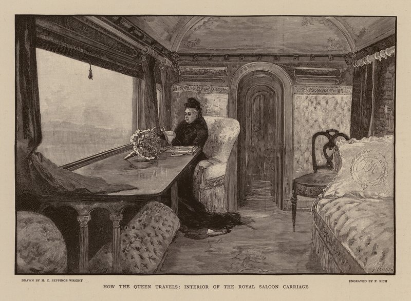 A Rainha Vitória na carruagem de comboio Royal Saloon (gravura) de Henry Charles Seppings Wright