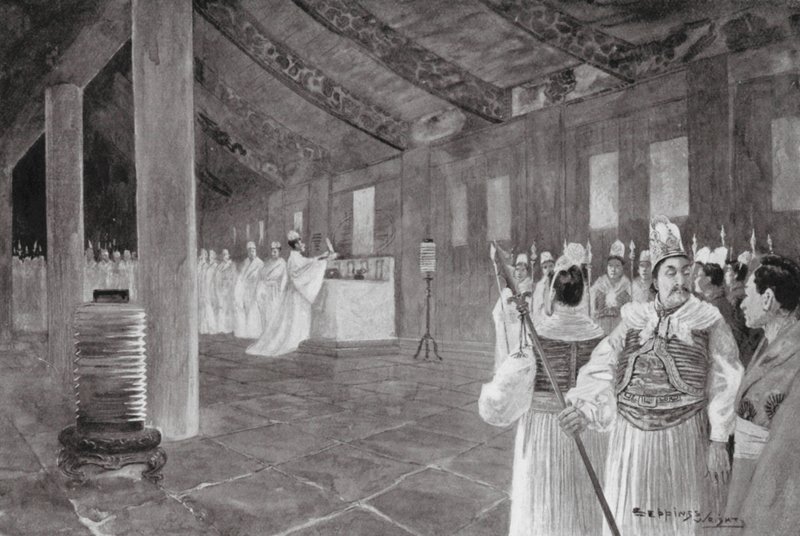 Remoção de uma tábua de um templo confucionista (litografia) de Henry Charles Seppings Wright