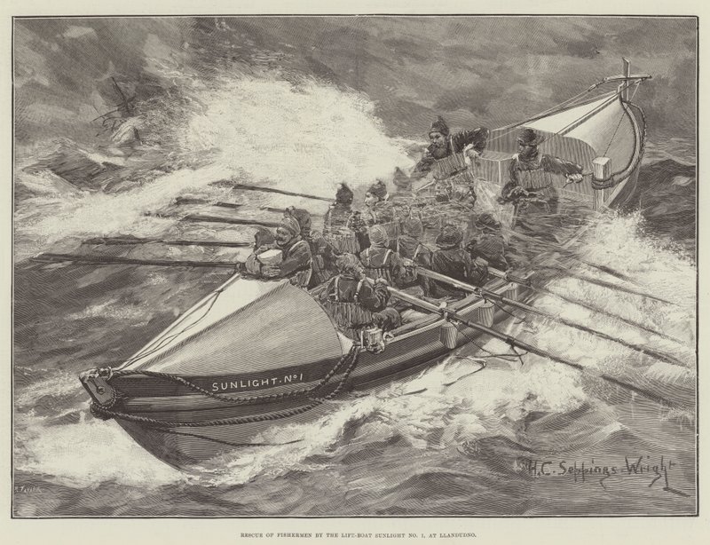 Resgate de pescadores pela Life-Boat Sunlight No 1, em Llandudno de Henry Charles Seppings Wright