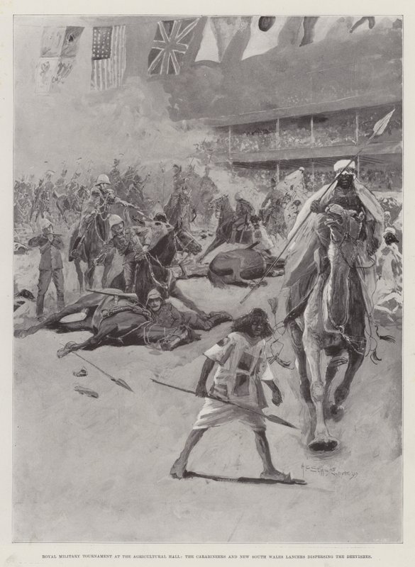 Torneio Militar Real no Salão Agrícola, os Carabineiros e os Lanceiros de Nova Gales do Sul dispersam os Derviches de Henry Charles Seppings Wright