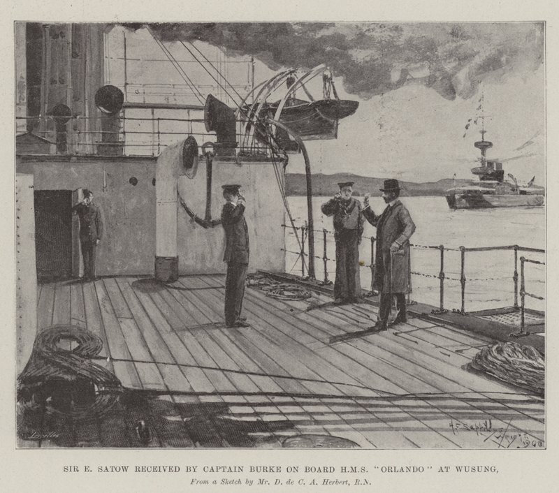 Sir E Satow recebido pelo capitão Burke a bordo do HMS Orlando em Wusung de Henry Charles Seppings Wright