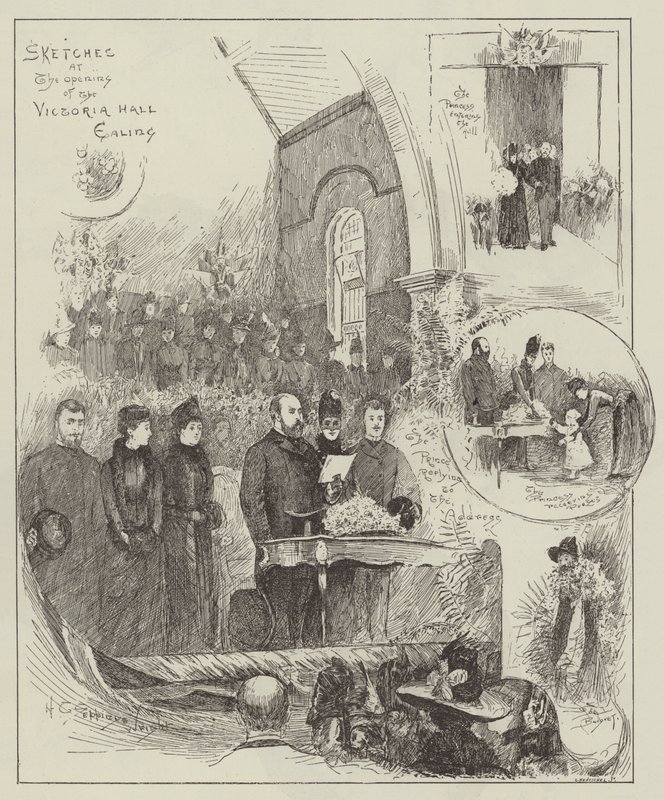 Esboços na abertura do salão de Victoria, Ealing de Henry Charles Seppings Wright
