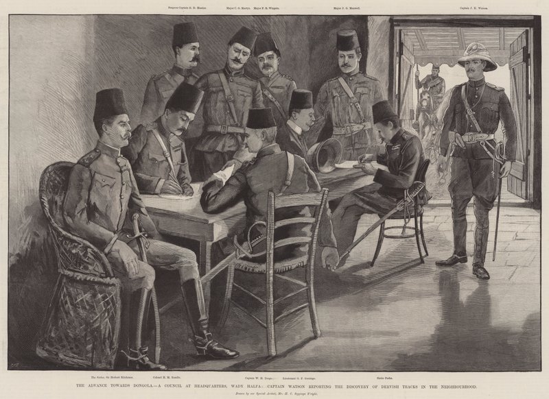 O avanço em direção a Dongola, um conselho na sede, Wady Halfa, capitão Watson relatando a descoberta de pistas de dervixes na vizinhança de Henry Charles Seppings Wright