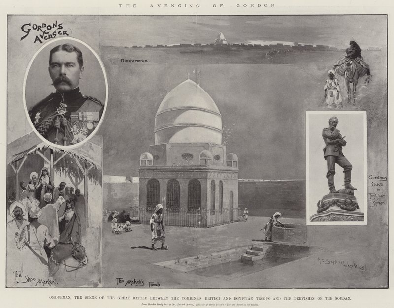 A vingança de Gordon, Omdurman, a cena da grande batalha entre as tropas combinadas britânicas e egípcias e os dervixes do Sudão de Henry Charles Seppings Wright