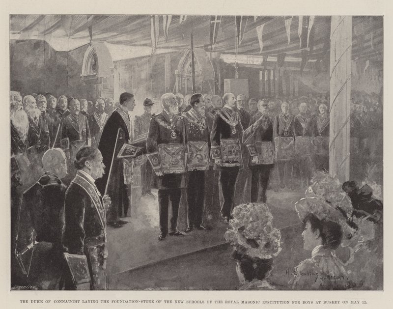 O duque de Connaught lançando a pedra fundamental das novas escolas da Royal Masonic Institution for Boys em Bushey em 12 de maio de Henry Charles Seppings Wright