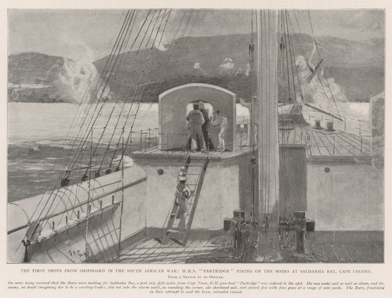 Os primeiros tiros do navio na guerra sul-africana, HMS Partridge atirando nos Boers na Baía de Saldanha, colônia do cabo de Henry Charles Seppings Wright