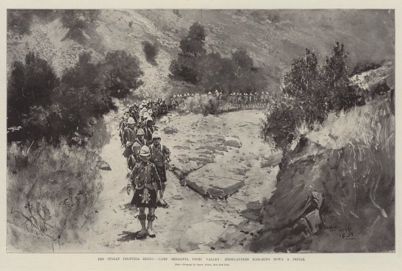 A Fronteira Indiana Nascente, Acampamento Sheranni, Vale de Tochi, Highlanders marchando por um Defile de Henry Charles Seppings Wright