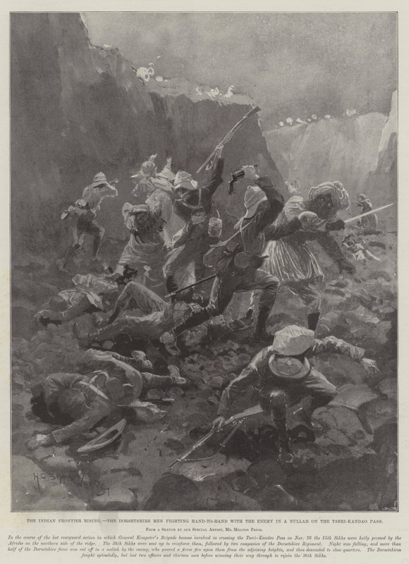 A ascensão da fronteira indiana, os homens de Dorsetshire lutando lado a lado com o inimigo em um nulá na passagem de Tseri-Kandao de Henry Charles Seppings Wright