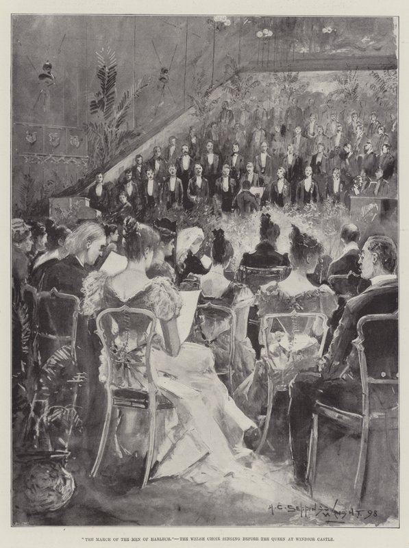 A Marcha dos Homens de Harlech, o Coro Galês Cantando antes da Rainha no Castelo de Windsor de Henry Charles Seppings Wright