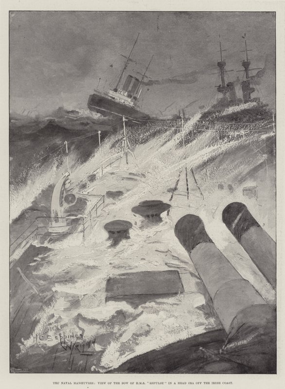 As manobras navais, vista do arco de HMS repulse em um mar de cabeça fora da costa irlandesa de Henry Charles Seppings Wright