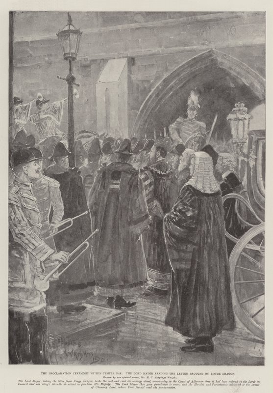 A Cerimônia de Proclamação dentro de Temple Bar, o Lord Mayor lendo a Carta trazida por Rouge Dragon de Henry Charles Seppings Wright