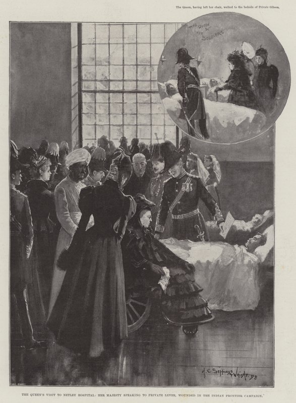 Visita da Rainha ao Hospital Netley, Sua Majestade falando com a Private Lever, ferida na Campanha da Fronteira Indiana de Henry Charles Seppings Wright