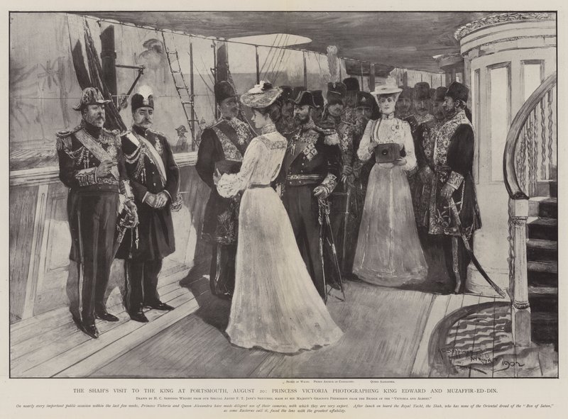Os Xá visitam o rei em Portsmouth, 20 de agosto, a princesa Victoria fotografa o rei Edward e Muzaffir-ed-Din de Henry Charles Seppings Wright