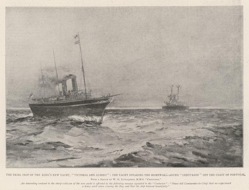 A viagem experimental do novo iate do rei, Victoria e Albert, o iate falando o centurião amarrado em casa ao largo da costa de Portugal de Henry Charles Seppings Wright