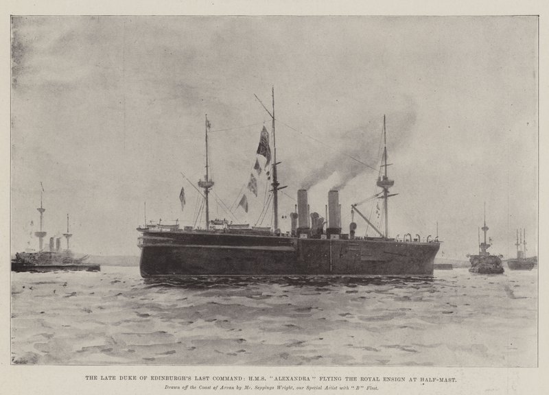 O Último Comando do falecido Duque de Edimburgo, HMS Alexandra pilotando o Royal Ensign em Half-Mast de Henry Charles Seppings Wright