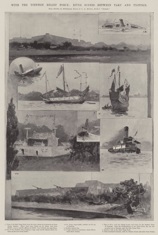 Com a Força de Socorro de Tientsin, Cenas de Rio entre Taku e Tientsin de Henry Charles Seppings Wright