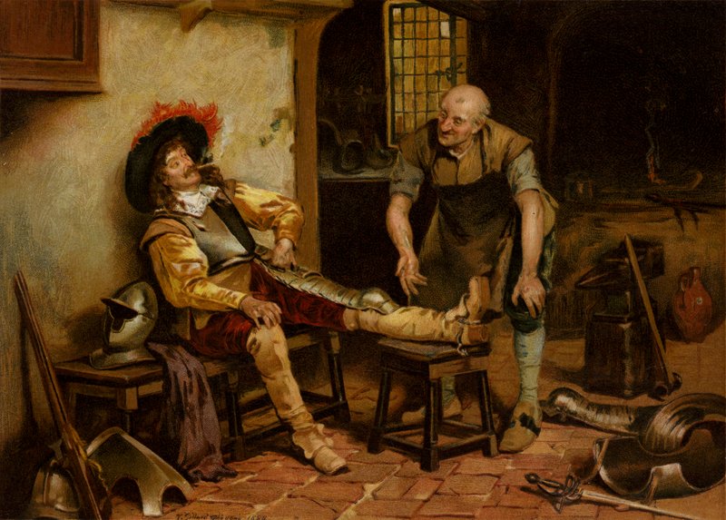 A Splendid Fit, um homem sendo equipado com armadura (chromolitho) de Henry Gillard (after) Glindoni