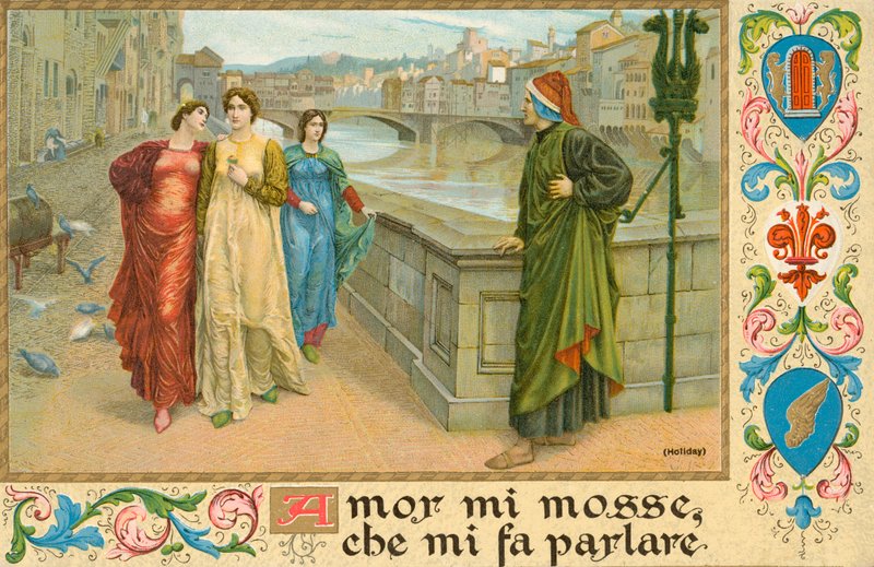 Poeta italiano Dante Alighieri e Beatrice Portinari (chromolitho) de Henry Holiday