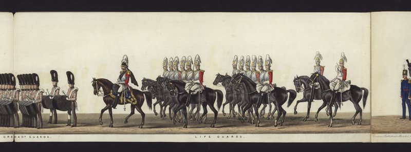 Parte da visão panorâmica de toda a procissão fúnebre de Arthur, Duque de Wellington (aquatinta colorida) de Henry Jr and Sala Alken