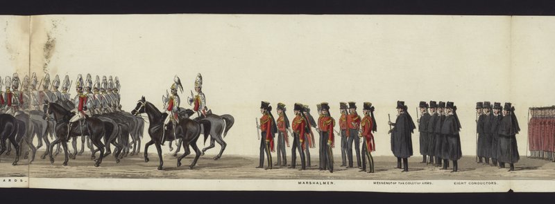 Parte da visão panorâmica de toda a procissão fúnebre de Arthur, Duque de Wellington (aquatinta colorida) de Henry Jr and Sala Alken