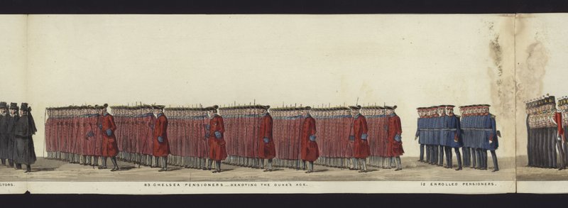 Parte da visão panorâmica de toda a procissão fúnebre de Arthur, Duque de Wellington (aquatinta colorida) de Henry Jr and Sala Alken